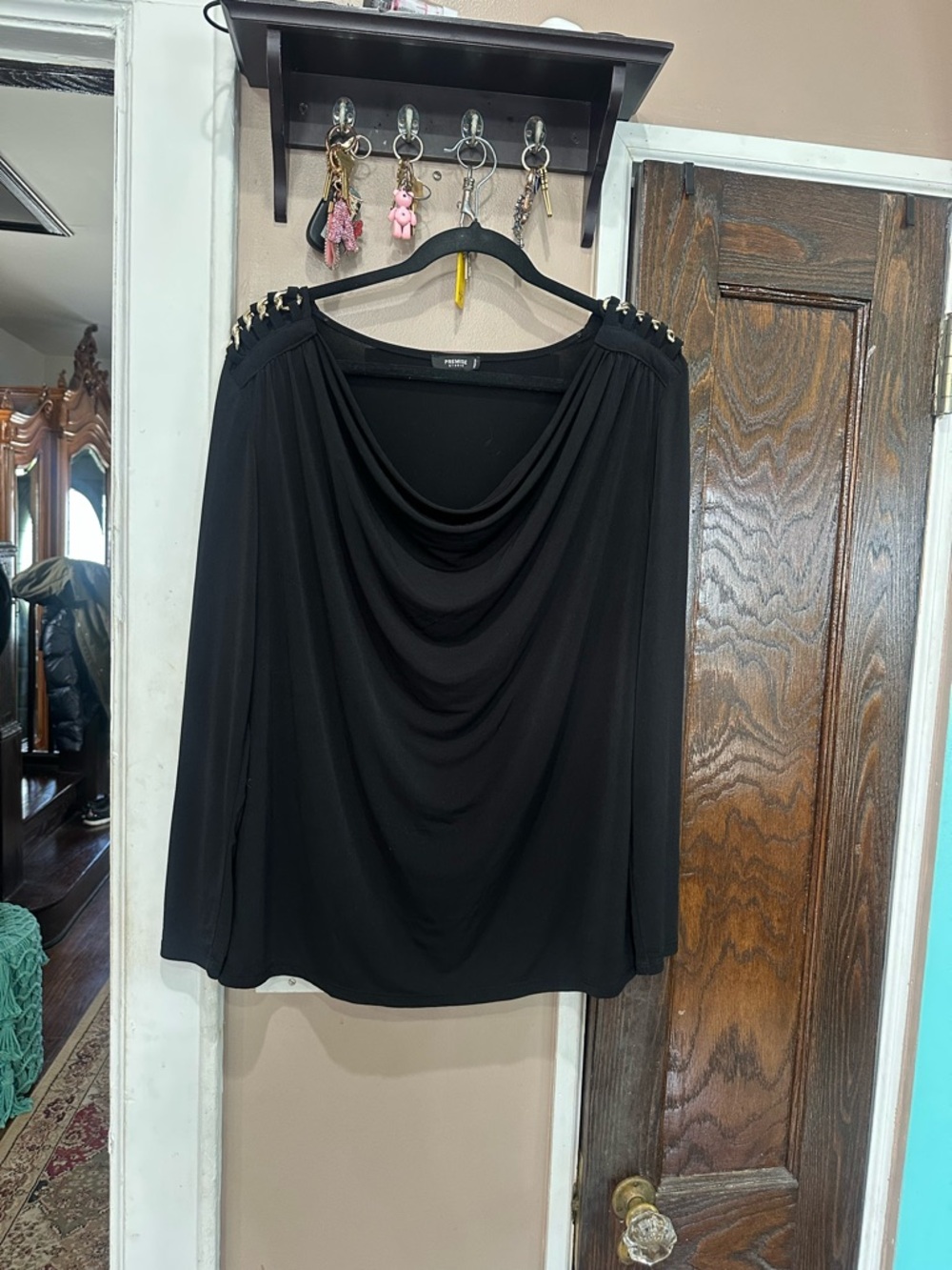Premise Black Draped Neck Long Sleeve Top with Shoulder Studs